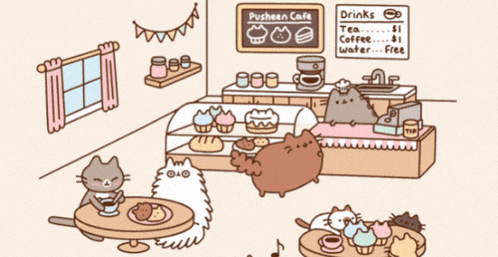 a cartoon illustration of a pusheen cafe with cats sitting at tables