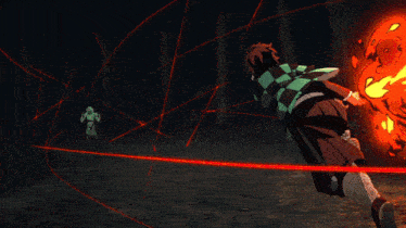 a man in a checkered shirt is holding a sword and a fireball