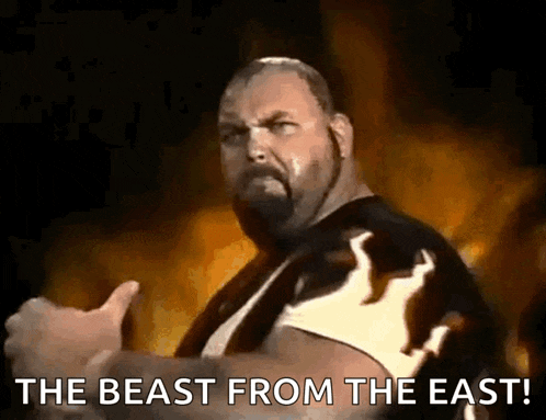 a man with a beard is giving a thumbs up and says the beast from the east !