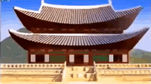 a cartoon drawing of a chinese building with a blue sky in the background .