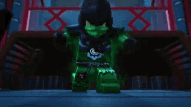 a green lego ninjago character is holding two green swords