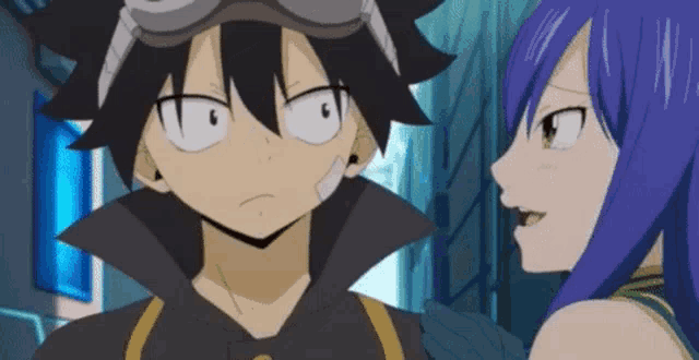 a boy and a girl are looking at each other in a anime .