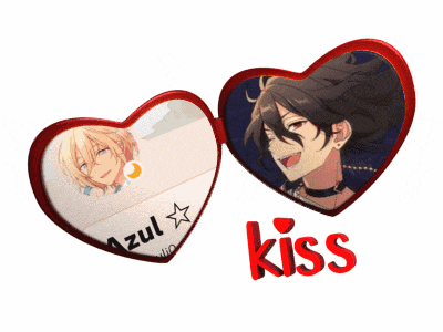 two red hearts with a picture of a boy and the word kiss below them