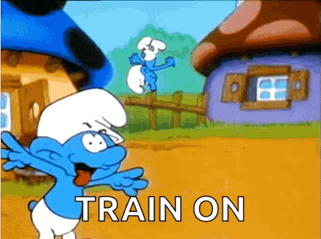 a smurf is standing in front of a mushroom house with the words train on on the bottom
