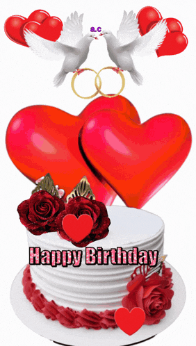 a birthday cake with hearts and roses and the words happy birthday