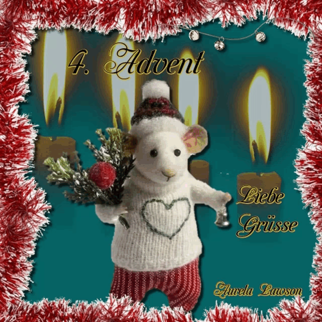 a mouse wearing a sweater with a heart on it is holding a bouquet of christmas decorations