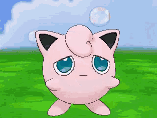jigglypuff is a pink pokemon with blue eyes and a bubble above its head
