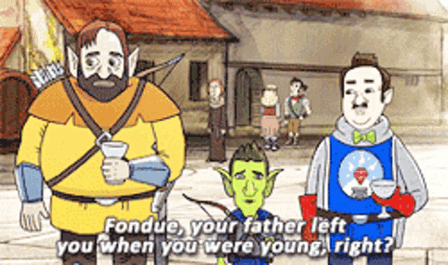 a group of cartoon characters are standing in front of a building and one of them is asking fondue