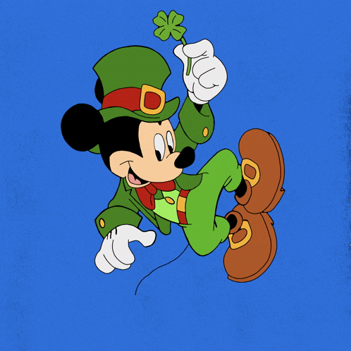 mickey mouse in a leprechaun outfit holding a clover