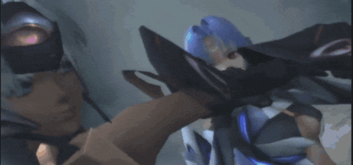a video game character with a blue hair and a gray body