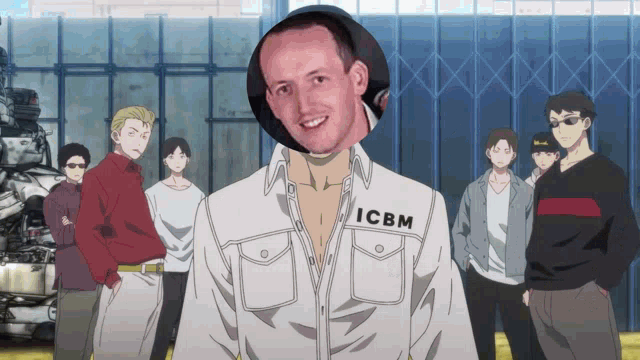 a man wearing a white shirt with icbm on it