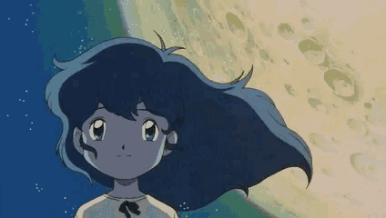 a girl with blue hair is looking at the moon in a cartoon