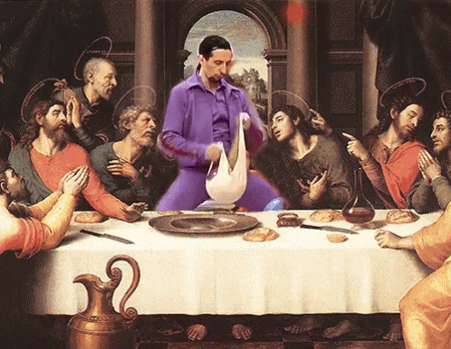 a painting of the last supper with a man in a purple shirt holding a goose