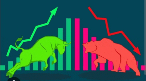 a bull and a bear are standing in front of a graph .