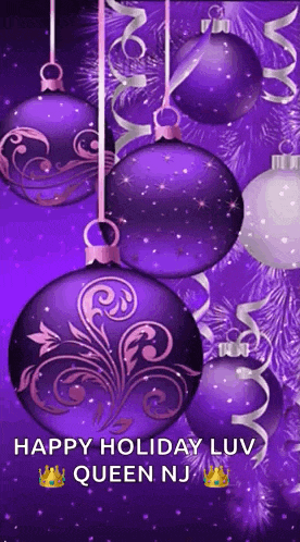 a picture of purple christmas ornaments with the words happy holiday luv queen nj on the bottom