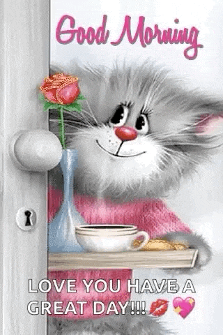 a cat is peeking out of a door with a cup of coffee and a rose .