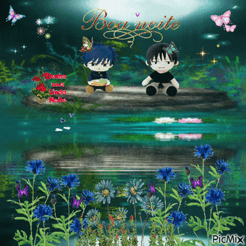 a picture of two stuffed animals sitting on a rock with the words boa noite written on it