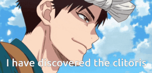 a man with a bandana on his head and the words " i have discovered the clitoris " below him