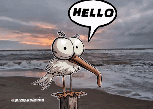 a cartoon of a bird standing on a post with a speech bubble that says hello