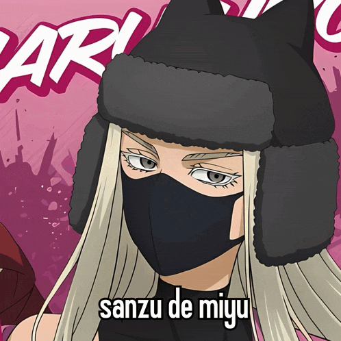a cartoon of a girl wearing a mask and a hat with the words sansu de miyu on the bottom