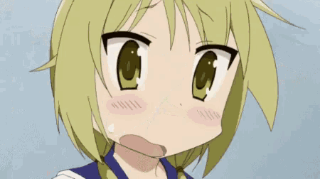 a cartoon girl with pink hair and green eyes is making a funny face