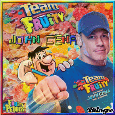 a man wearing a blue shirt that says team fruity
