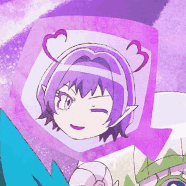 a close up of a cartoon character 's face with purple hair and ears