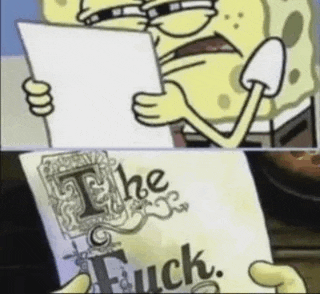 a cartoon of spongebob reading a piece of paper that says the fuck .