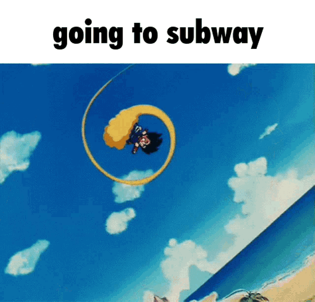 a picture of a person flying through the air with the words going to subway below them