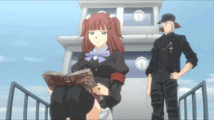 a girl with red hair is reading a book while a man with a cross around his neck stands behind her
