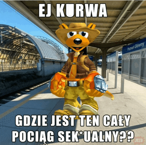 a cartoon character is standing at a train station with the caption ej kurwa gdzie jest ten caly pociag sek ualny