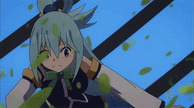 a girl with blue hair and a ponytail is flying through the air