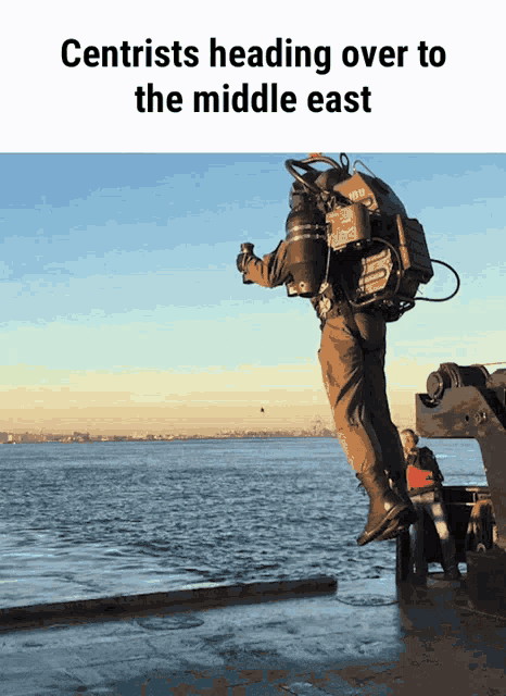 a man wearing a jetpack is jumping over a body of water