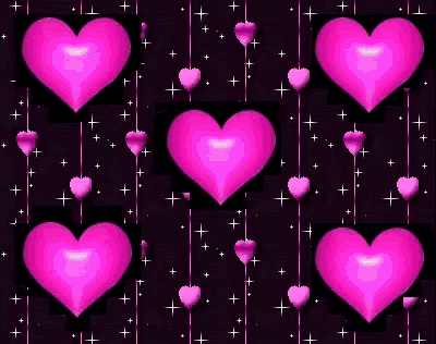 a pattern of pink hearts hanging from strings on a black background