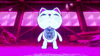 a cartoon cat is standing in a purple room with chinese characters on it 's chest .