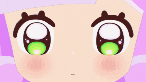 a cartoon girl with pink hair and green eyes looks at the camera