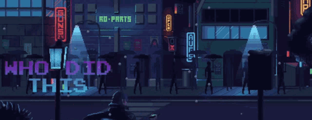 a pixel art scene with the words who did this