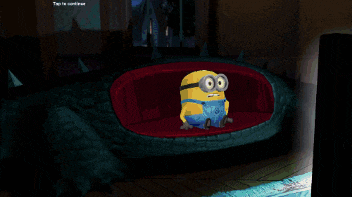 a cartoon of a minion sitting inside of a monster with the words tap to continue on the bottom