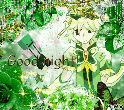 a picture of a girl with the words good night written in gold