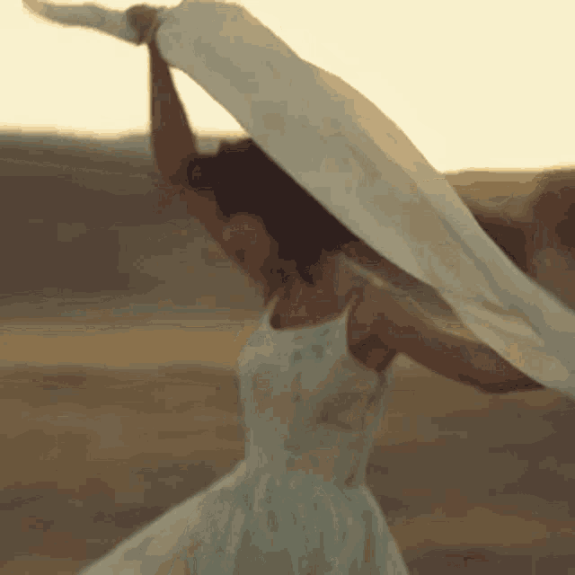 a woman in a white dress holding a white cloth over her head
