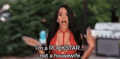 a woman in a red bikini is saying `` i 'm a rockstar ... not a housewife '' .