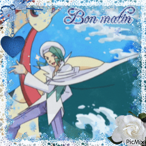a picture of a man and a dragon with the words bon matin