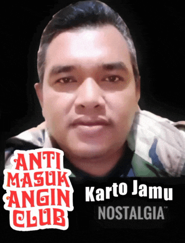 a man with a sticker that says karto jamu nostalgia