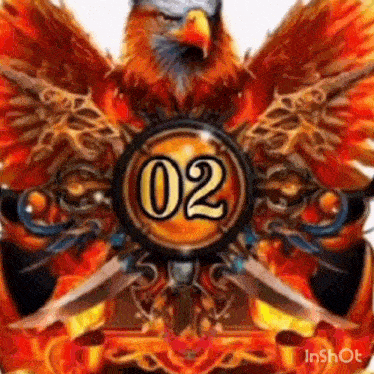 a painting of a phoenix with the number 02 in a circle surrounded by flames and swords .
