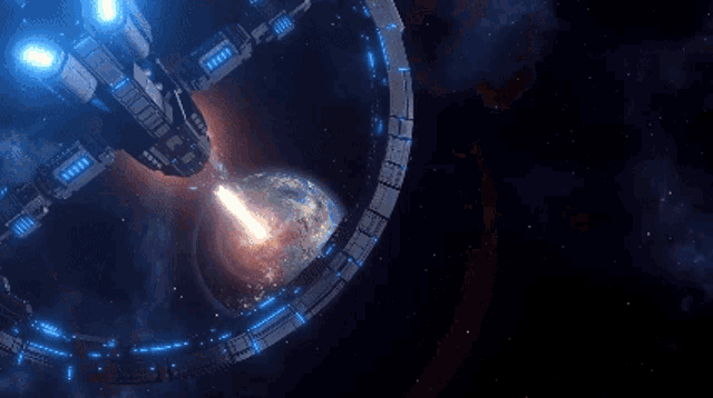 an illustration of a space station surrounded by circles and a planet