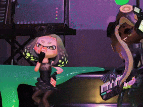 a video game character is playing a keyboard while another character stands next to her