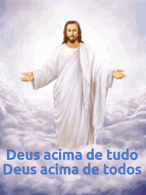 a painting of jesus with the words deus acima de tudo deus acima de todos below him