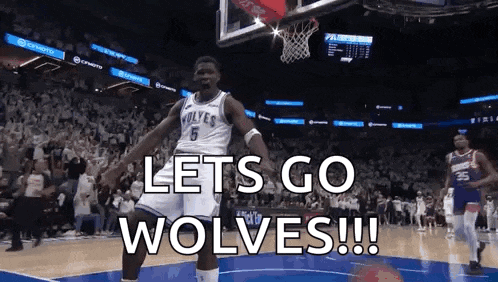 a basketball player is jumping in the air with the words `` let 's go wolves '' written on the screen .