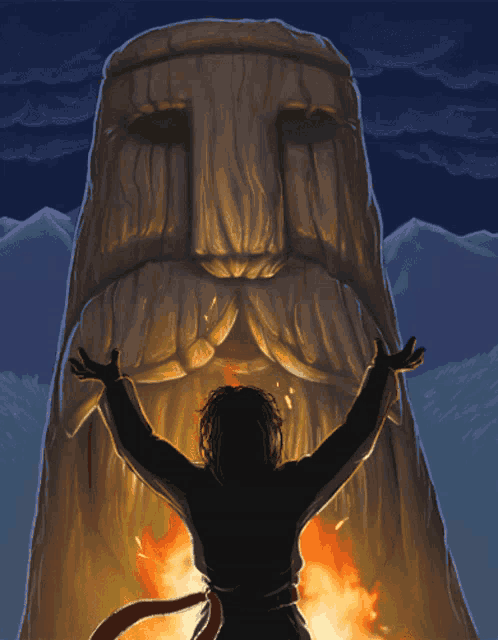 a man with his arms outstretched stands in front of a large statue