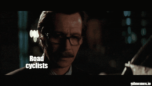 a man with glasses and a mustache says " road cyclists i never said thank you "